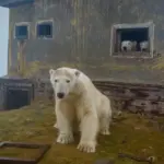 二頭のホッキョクグマが廃屋を自分たちの家にした